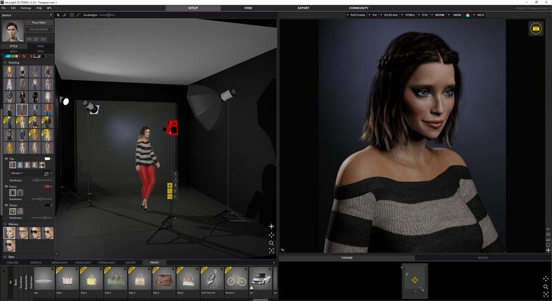 Screenshot of professional portrait photography workflow showing studio setup and post-processed headshot.