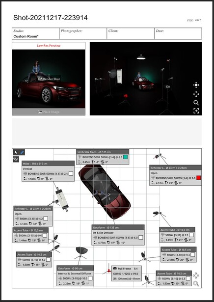 Automotive lighting diagram showing vehicle positioning and light placement for night photography shoot.