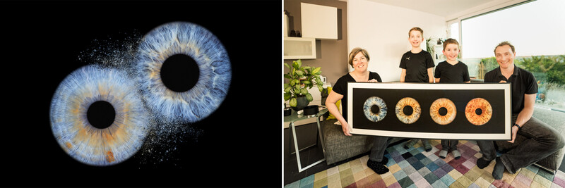 Split-screen comparison of eye photography: close-up macro shots of blue and hazel irises on left, team displaying printed eye iris samples on right.