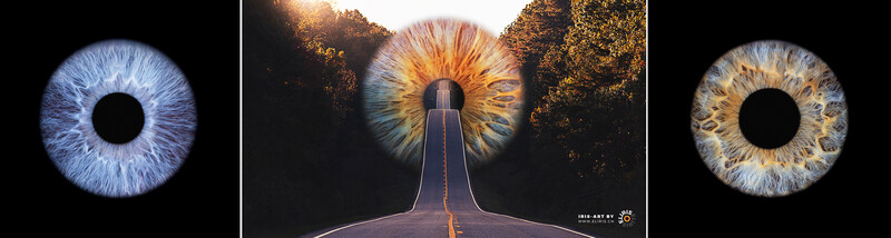 Composite artwork featuring close-up iris photography paired with a vanishing-point road perspective.
