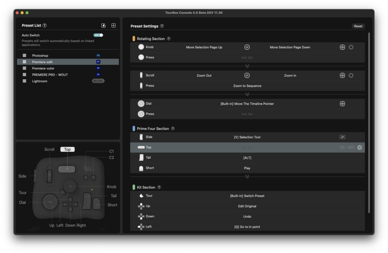 Screenshot of video editing software showing preset settings and controller mapping interface.