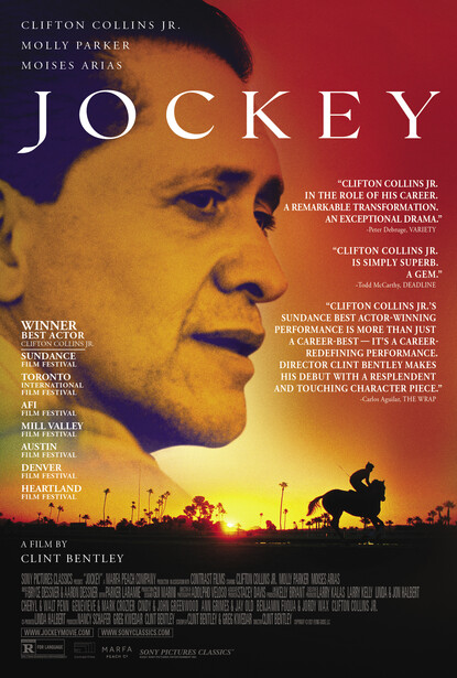 Movie poster for Jockey featuring a close-up portrait of a man's face against a golden sunset with silhouetted horses below.