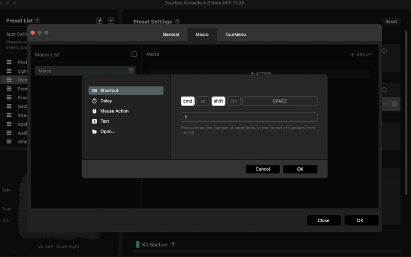 Screenshot of a dialog box with shortcut key assignment options for macro commands.
