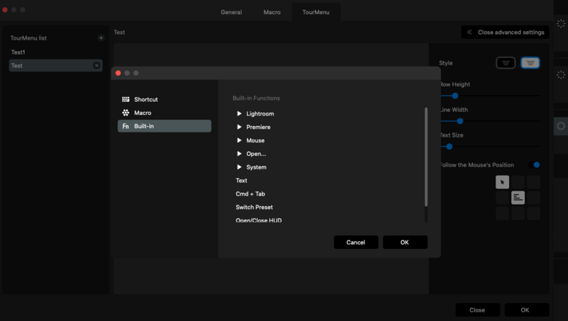 Screenshot of a software dialog showing macro and built-in function options with expandable menu items.