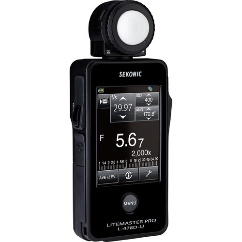 Sekonic Litemaster Pro L-478D handheld light meter displaying f/5.67 exposure reading on its digital screen.