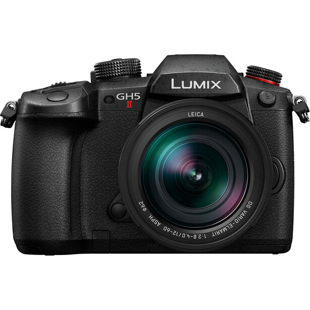 Panasonic Lumix GH5S mirrorless camera with standard zoom lens against white background.
