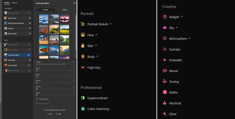 Screenshot of Adobe Lightroom's editing interface showing portrait presets and creative filters menu.