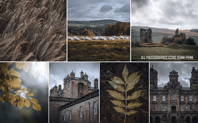 Grid of six landscape and architectural photographs showcasing Scottish countryside and castles with moody weather conditions.