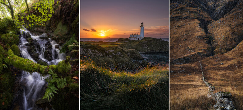 Three landscape photographs showing a forest waterfall, coastal lighthouse at sunset, and mountainous terrain.
