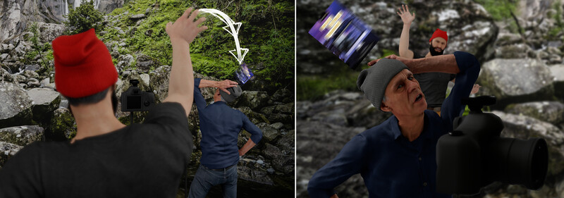 Two outdoor photographers demonstrate lighting techniques on a rocky cliff face with moss and vegetation.