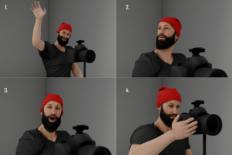 Four-panel sequence showing a bearded man in a red beanie holding a professional camera in different poses.