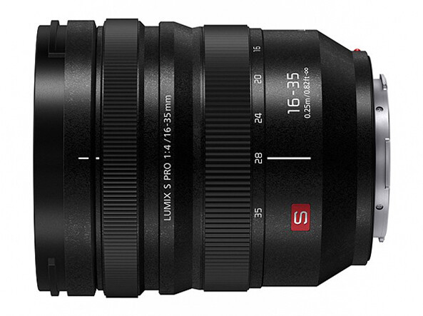 Panasonic Lumix S 16-35mm f/4 lens viewed from the side against a white background.