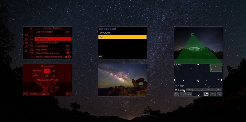 Screenshot of photography editing software with multiple windows displaying night sky images and adjustment panels.