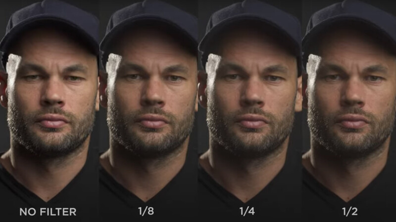 Portrait demonstration showing the same man with progressive density ND filters applied, from no filter to 1/2 density.