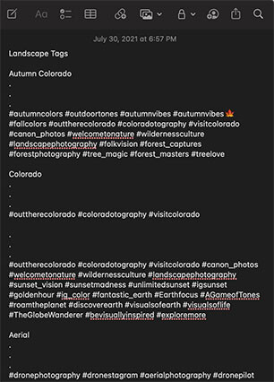 Screenshot of landscape photography tags and hashtags displayed in a mobile app interface.