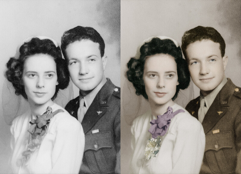 Side-by-side comparison of black and white portrait with colorized version showing a young woman and man in military uniforms.