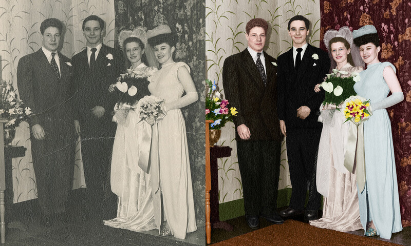 Side-by-side comparison of colorized and original black-and-white wedding portrait from mid-20th century.