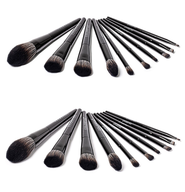 Two sets of black makeup brushes arranged in fan formations, displaying various brush sizes and shapes.