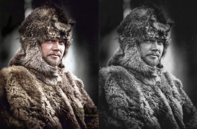 Side-by-side comparison of colorized and black-and-white versions of a man wearing a fur hat and coat.