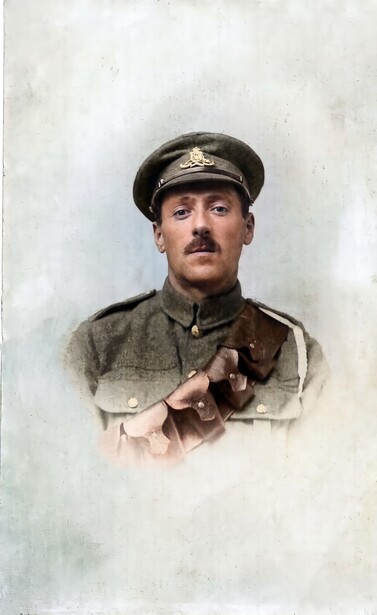 Portrait illustration of a man in military uniform and cap with mustache, rendered in soft watercolor style.