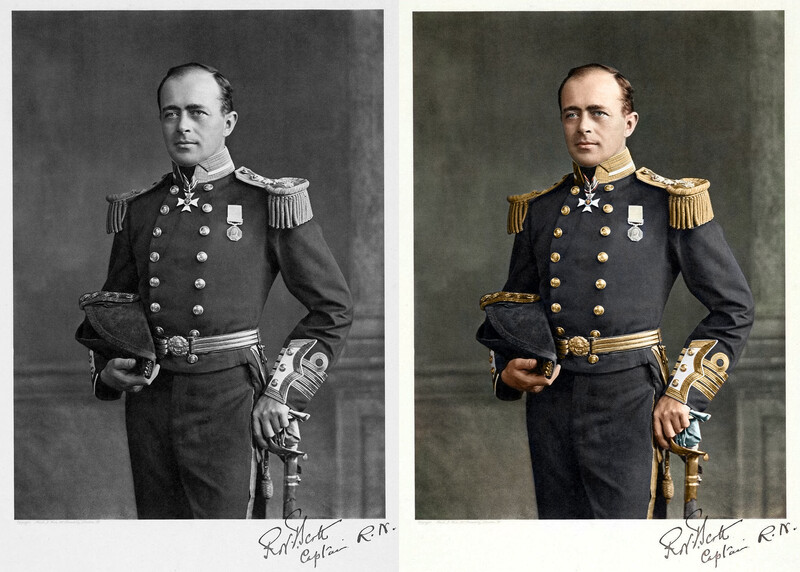 Side-by-side comparison of black and white military portrait with colorized version.