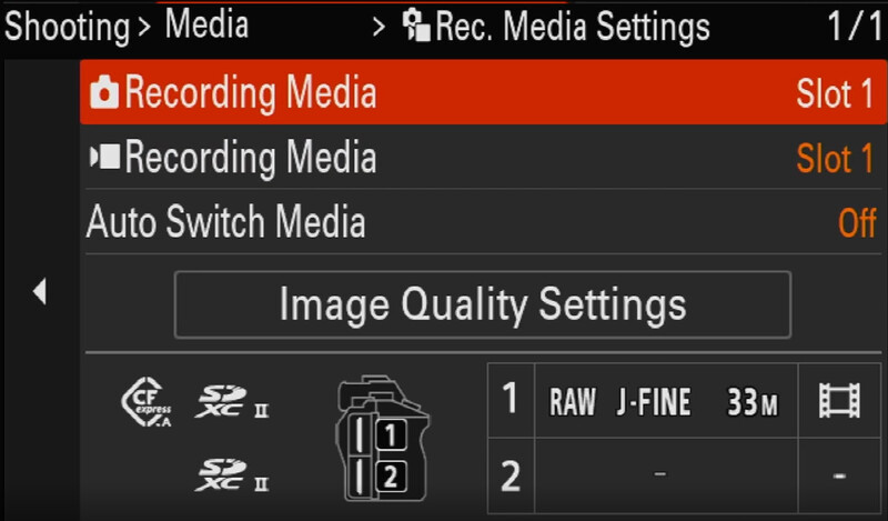 Screenshot of camera recording media settings showing RAW J-FINE image quality at 33 megapixels on slot 1.
