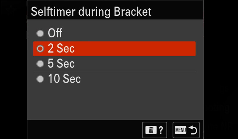 Screenshot of a camera menu showing Selftimer during Bracket options with 2 Sec selected.
