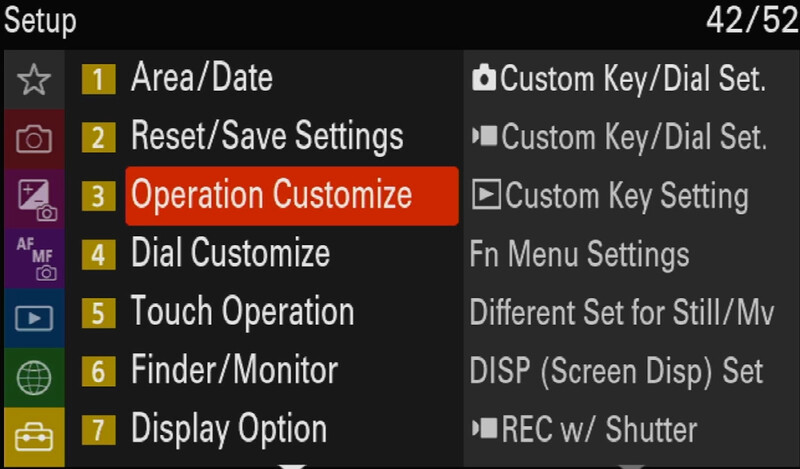 Screenshot of a camera setup menu showing Operation Customize option highlighted among seven numbered menu items.