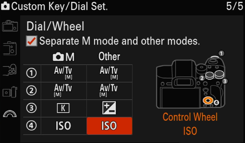 Screenshot of camera custom key and dial settings menu showing separate M mode configuration options.