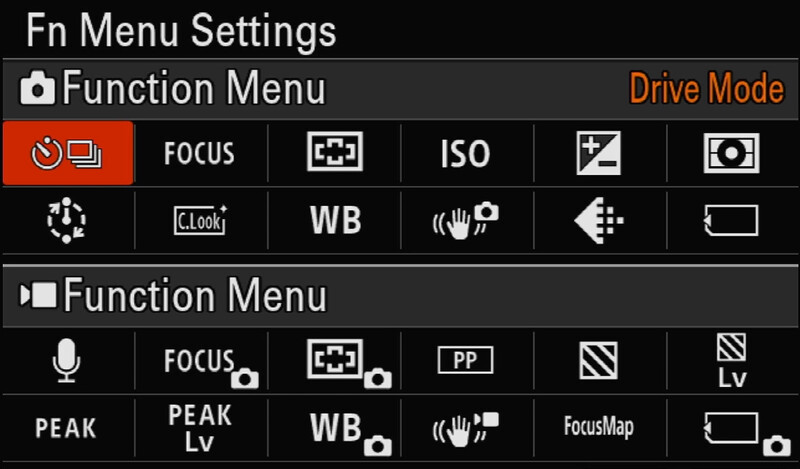 Screenshot of camera function menu settings displaying Drive Mode, Focus, ISO, and White Balance options.
