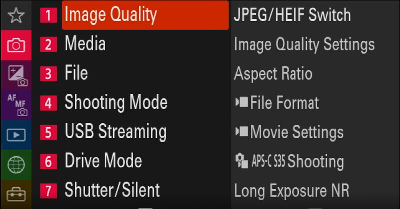 Screenshot of camera menu system displaying seven main settings categories with numbered options and submenus.
