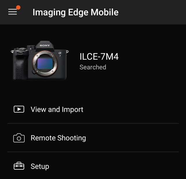 Screenshot of Sony Imaging Edge Mobile app interface showing ILCE-7M4 camera connection status and three main feature options.