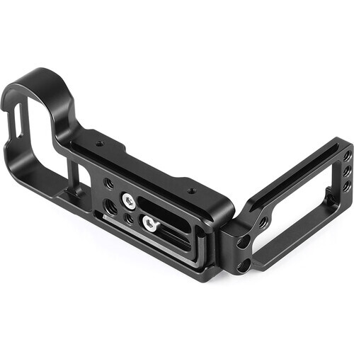 Black L-shaped camera bracket with dual mounting handles and adjustment screws.