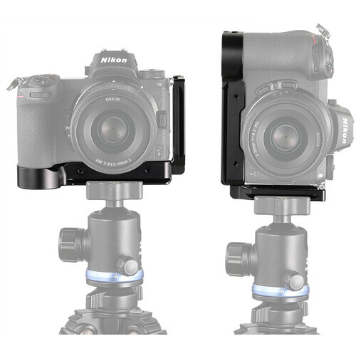 Two camera L-brackets mounted on ball heads shown side-by-side for comparison.