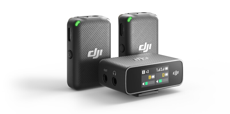 DJI Mic wireless microphone system with two transmitters and one receiver unit displayed against white background.