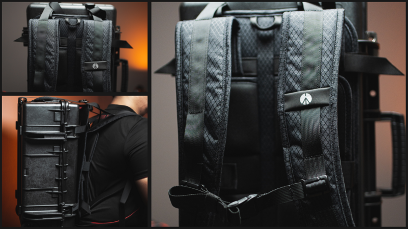 Black camera backpack shown from multiple angles displaying front pockets, straps, and internal compartments with textured fabric design.