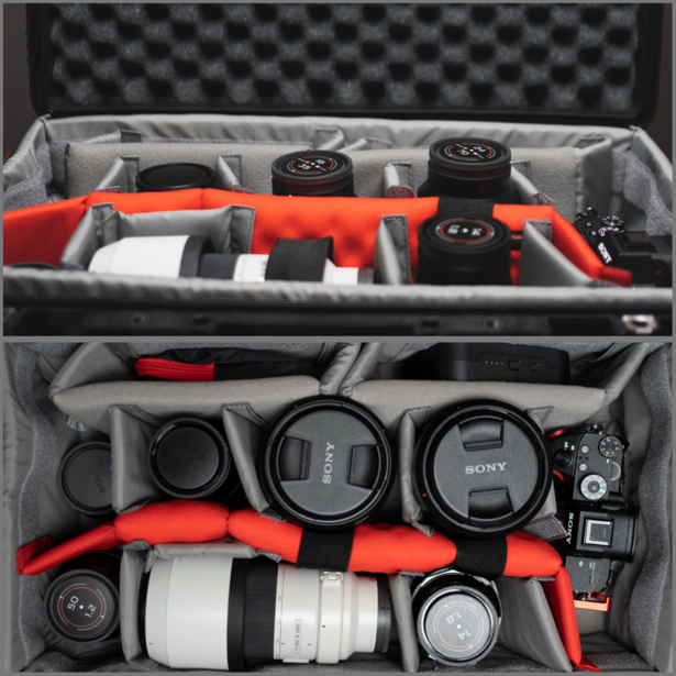 Photography gear organized in a custom foam-lined hard case with red dividers and handles.