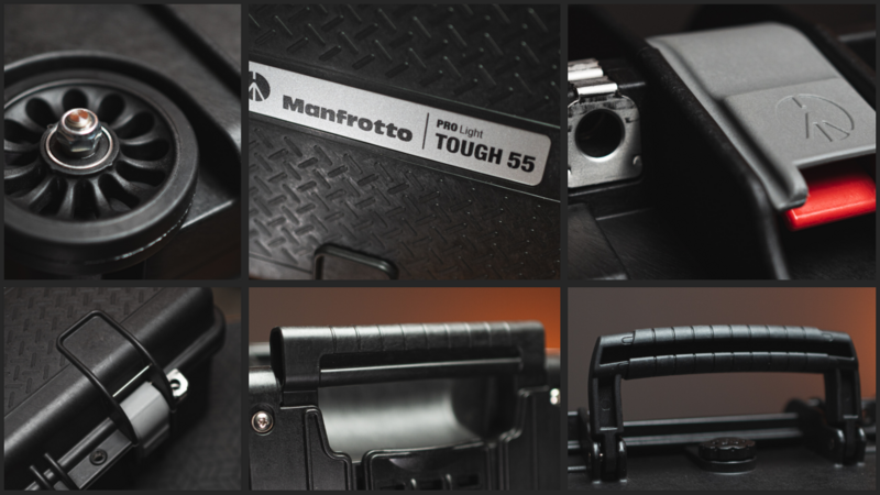 Six close-up detail shots of a Manfrotto TOUGH 55 tripod head showing its construction and mechanical components.