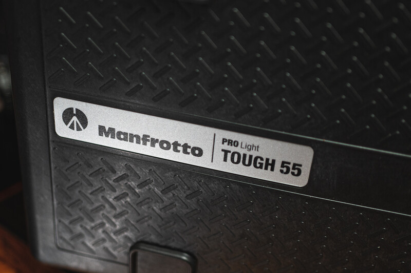 Manfrotto Pro Light Tough 55 label on black textured equipment case.