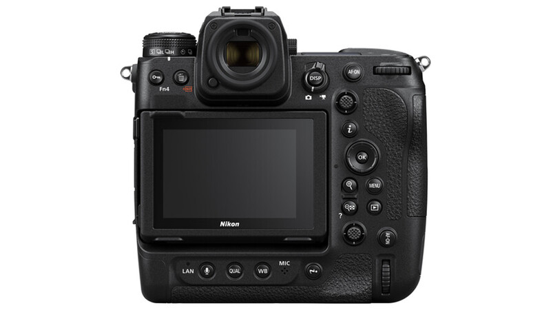 Nikon Z9 mirrorless camera shown from rear three-quarter view with LCD screen and control buttons visible.