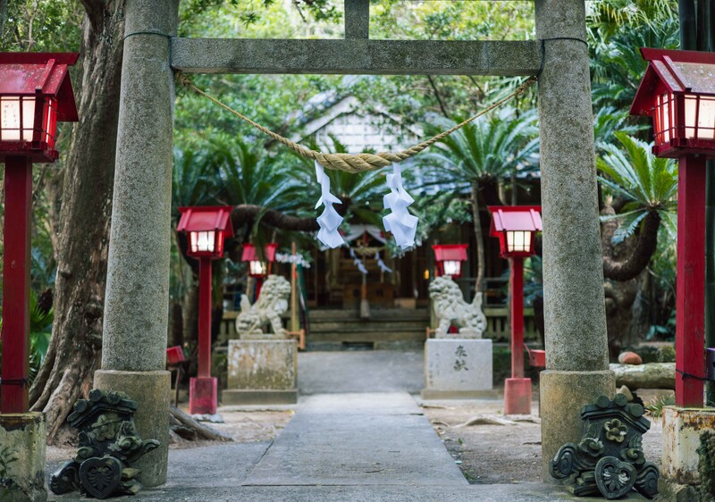 Red lanterns and stone torii gate frame a temple pathway lined with tall trees and stone statues.