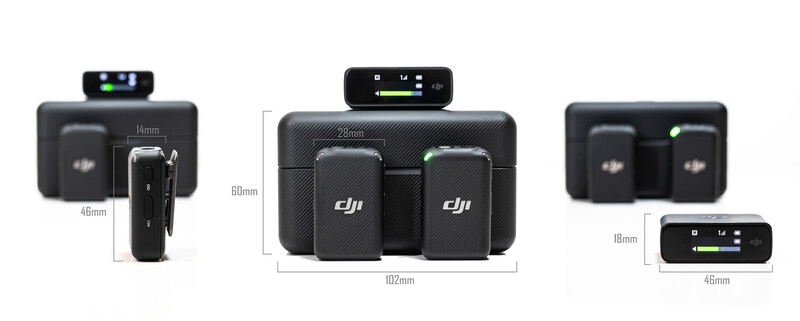 Product comparison diagram showing four DJI wireless microphone systems with detailed dimension measurements.