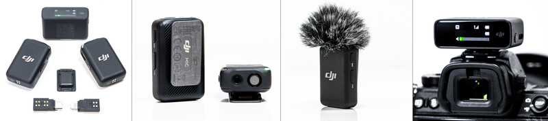 DJI wireless microphone systems and camera audio equipment displayed in four product groupings.