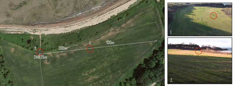 Aerial view of agricultural fields with measurement overlays and ground-level reference photos showing crop rows and field conditions.