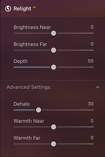 Screenshot of Relight adjustment panel with brightness, depth, and color temperature sliders.