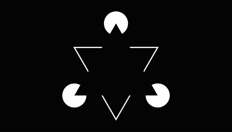 Graphic illustration of a geometric figure with circular and triangular elements arranged symmetrically on black background.