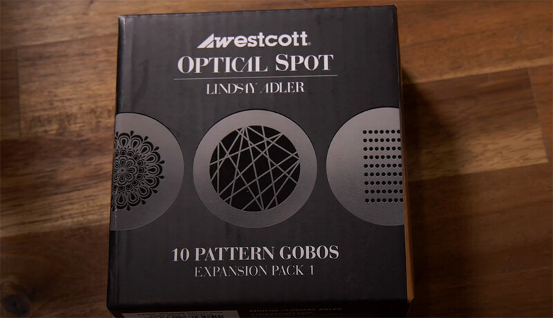 Westcott Optical Spot expansion pack box displaying 10 pattern gobos by Lindsay Adler.