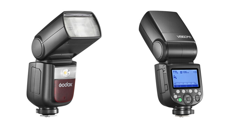 Two external camera flash units shown side by side, displaying front and rear views with different control layouts.