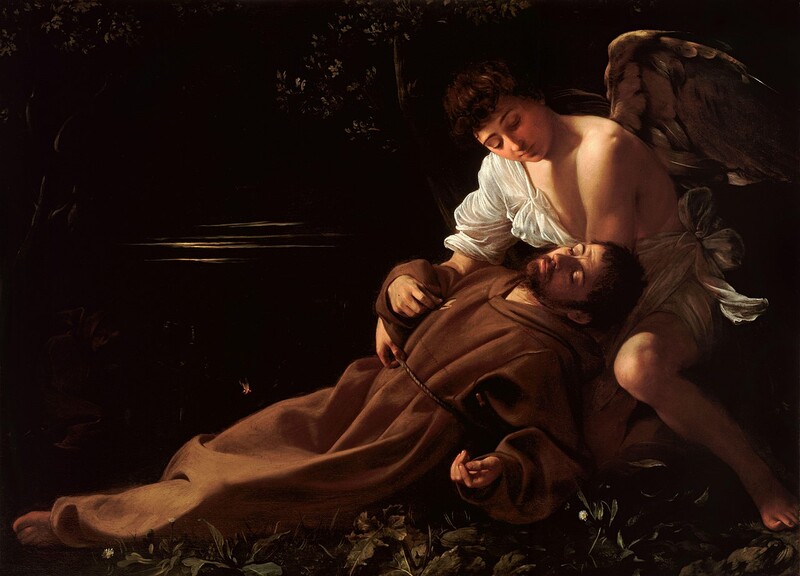 Cherub figure lifting a reclining man in classical religious artwork.