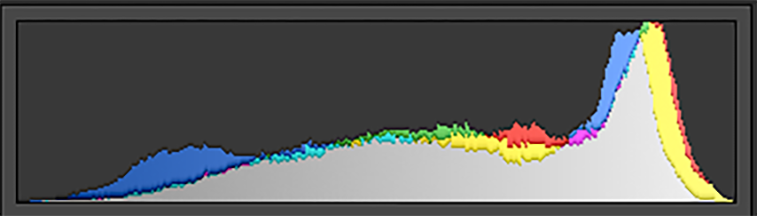 Histogram showing a bimodal distribution with peaks in blue and yellow wavelengths, displaying color channel separation across the tonal range.